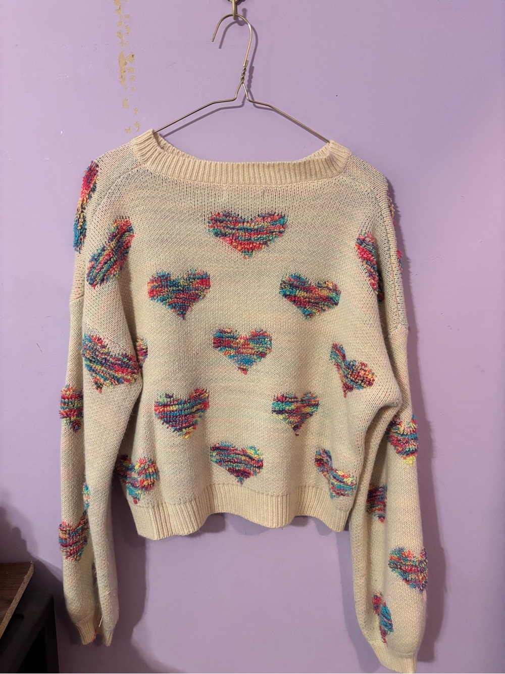 SHEIN Cream Knit Sweater with Multicolor Heart Motifs
